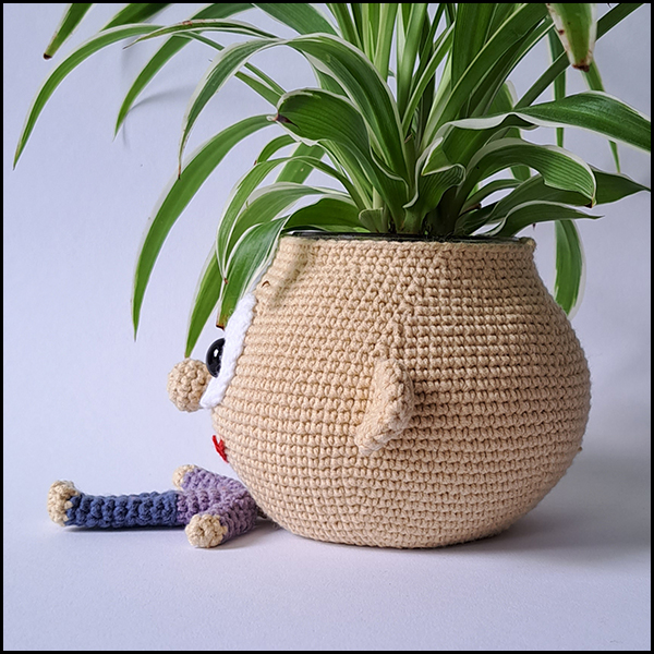 Product afbeelding plantenpop jongen zijkant Doll planter/glasses holder pattern