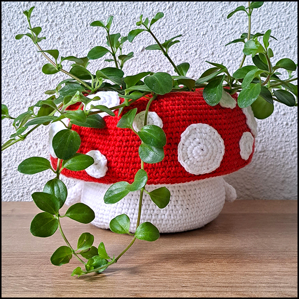 Product afbeelding Paddenstoel plantenpotje achterkant Mushroom planter/crochet buddy pattern